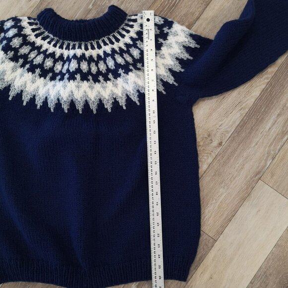 Vintage Wool Fair Isle Sweater Hand Knit Chunky Blue White Men's M Wom L Lovely - Picture 12 of 16